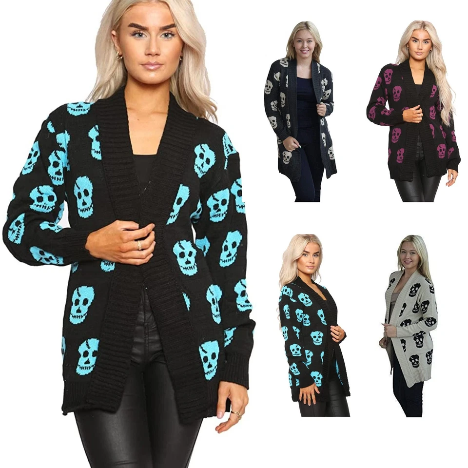 Mujeres Damas Halloween Calavera Estampado Esqueleto Frente Abierto Tejido Cárdigan Top Foto 1 de 1