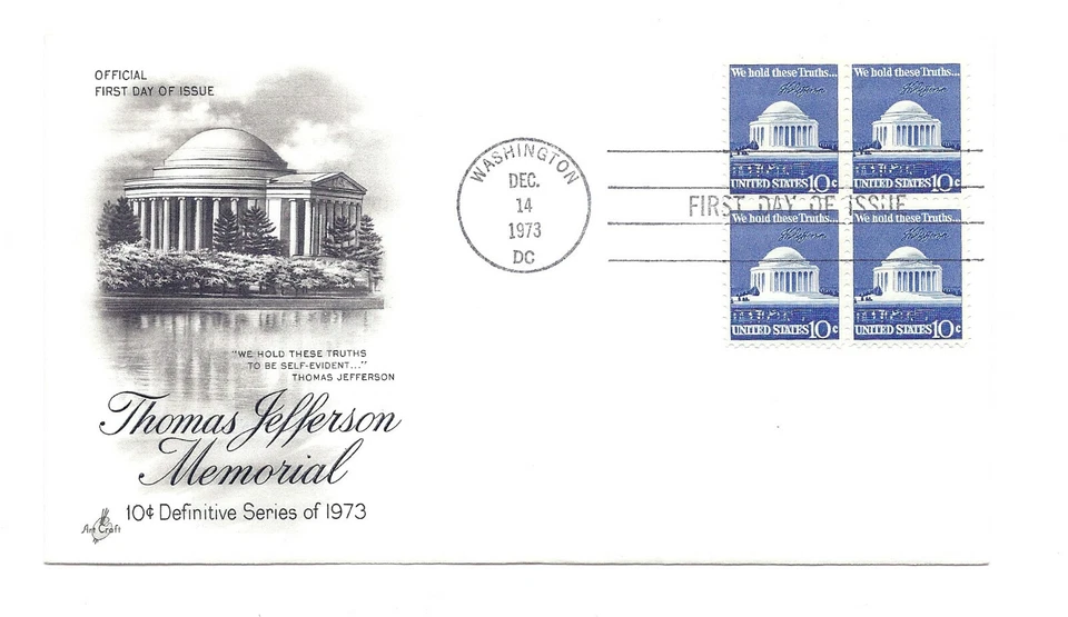 1510 10c Jefferson Memorial, ArtCraft, block of 4 FDC - Image 1 of 1