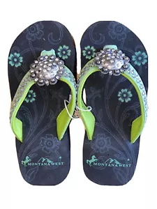 Montana West Flip Flops Embellished Concho Girls Sandals Shoes Lime Green SZ 13 - Picture 1 of 11