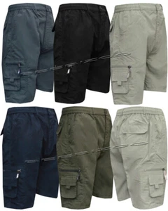 New Mens Elasticated Waist Cargo Combat Plain Shorts 6 Pocket Zip Fly M - 6XL - Picture 1 of 8