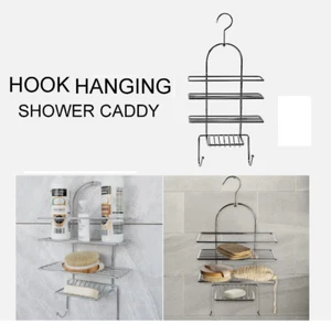 Stainless Steel 2 Tier Hanging Shower Caddy with Hooks Bathroom Shelf Storage - Picture 1 of 8