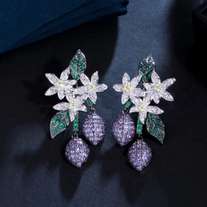 Mehrfarbige einzigartige Damen-Blumenblatt hängende Tropfenohrringe CZ 925 Silberschmuck - Bild 1 von 10