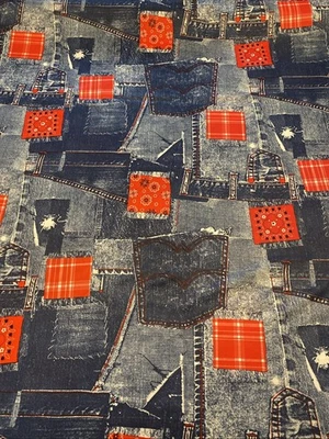 "Pieza de tela de poliéster con estampado de bandana roja y de mezclilla vintage años 80 58"" x 110" NOS" Foto 1 de 4