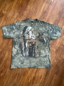 VTG 90s The Mountain 1997 Green Tie Dye Indian Chief T Shirt USA MADE MENS 2XL - Picture 1 of 8