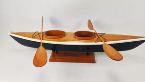 Vintage Wood Canoe With Oars Paddles 15.5” Long Cabin Camp Lake Decor w/stand - Picture 1 of 12