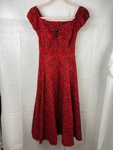Collectif Dress UK 10 S Dolores Swing Red Black Velvety Leopard 50s Doll Pin up - Picture 1 of 16