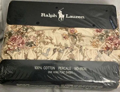 Ralph Lauren Baskets & Bows King Flat Sheet Tan Floral NOS NEW 1986 Ruffled USA - Image 1 of 4