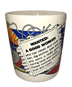 Vintage WANTED GOOD WOMAN Kaffeetasse Boot Motor Angeln Fischer Köder Koch - Bild 1 von 8