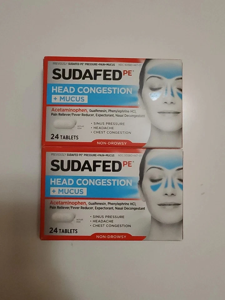 Sudafed PE Head Congestion + Mucus Non-Drowsy Relief 24 таблетки x2 срок годности 2026+ - Изображение 1 из 1