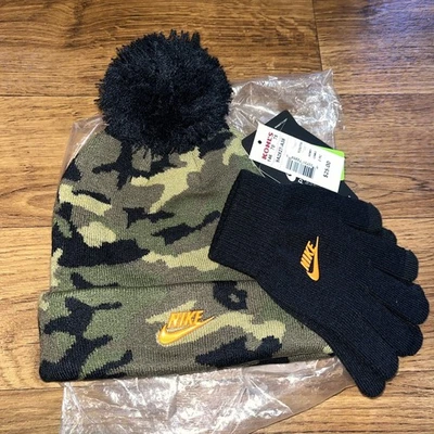NIKE JUVENIL EJÉRCITO VERDE CAMUFLAJE TEJIDO GORRO POM SOMBRERO NEGRO CONJUNTO GUANTES INTELIGENTES 8-20  Foto 1 de 4
