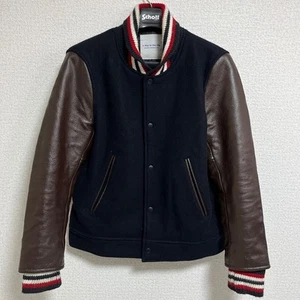 United Arrows Men's M Leather Sleeve Wool Stadium Jacket Black Brown Excellent - Picture 1 of 9