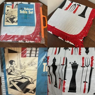 Vtg Redwood Table set Retro Kitschy BBQ Fringe Bench Covers 3 PC NEW NOS - Image 1 of 4