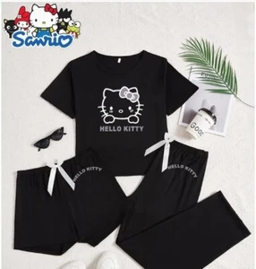Womens Sanrio Hello Kitty 3-piece pajamas set Sz L (8-10) - Shirt, Shorts, Pants - Picture 1 of 2