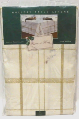 Elrene Home Fashions Tablecloth 70" Round Ivory Gold Plaid NEW Holiday Fabric - Image 1 of 4