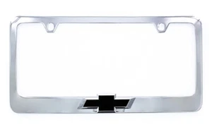 3D Chevy Black Bowtie Chrome Plated Metal License Plate Frame Holder wide bottom - Foto 1 di 4