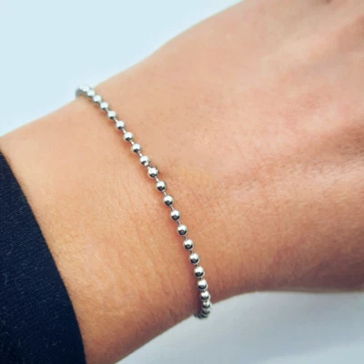 BRACCIALE catena a pallini in ACCIAIO inox perle argento braccialetto Uomo Donna - Immagine 1 di 4