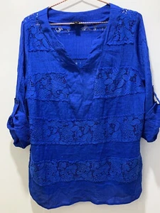 Boho-Bluse Damen 1X royalblau transparent Spitze Blumenmuster 3/4-Rollriegel Streetwear - Bild 1 von 11