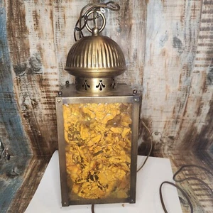 Foyer Light MCM Vintage Swag 70's Hanging Lamp Brass Amber Glass 17x6 Lantern - Picture 1 of 11