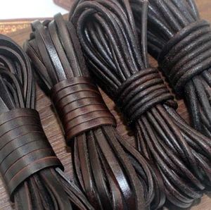 2 Meters Retro High Quality Genuine Leather Cord 2-5mm Round Flat Cow Leather - Picture 1 of 3