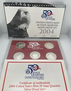2004 US MINT 50 STATE QUARTERS SILVER PROOF SET WITH BOX AND COA / 5 QUARTERS - Picture 1 of 6