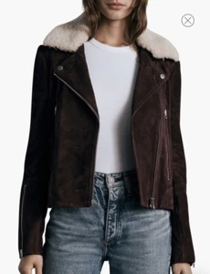 Rag and Bone Mack Leather Suede Biker Jacket Coat with Shearling Collar - Picture 1 of 5