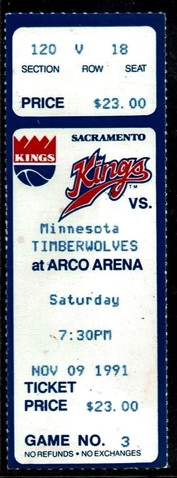 1991-92 BASKETBALL TICKET SACRAMENTO KINGS TIMBERWOLVES MITCH RICHMOND 23pt/10rb - Image 1 of 1