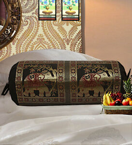 Indian Long Round Pillow Yoga Massage Bolster Beige Cylinder Silk Cushion Cover