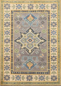 Grau Geometrisch Kazak Akzent Teppich 3x4 Handarbeit Wolle Orientteppich für Foyer - Bild 1 von 18