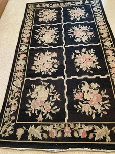 Victorian' Tapestry Rug 27x47” Good Condition Black Florals - Picture 1 of 9