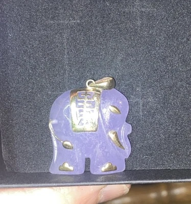 Vintage .585 14K Solid Yellow Gold & Lavender Jade Estate Elephant Pendant 7.60g Foto 1 de 4