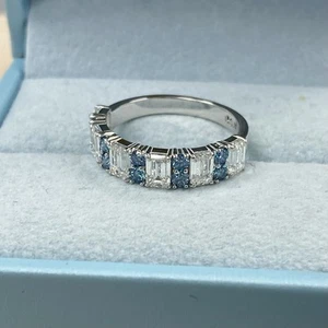 Bague de mariage diamant 2 ct bleu rond et émeraude taille alternée cultivée en laboratoire 14 carats - Photo 1 sur 13