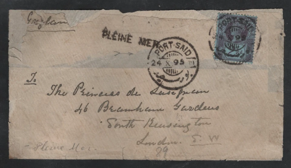 UK EGIPTO 1895 REINA VICTORIA SELLO 2 1/2d S.G. #201 ATADO "PORT SAID" PAQUEBOT Foto 1 de 2