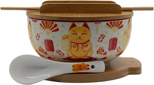 Japanese Ceramic Ramen Noodle Bowls Set with Ceramic Spoon, Bamboo Chopsticks, L - Picture 1 of 6