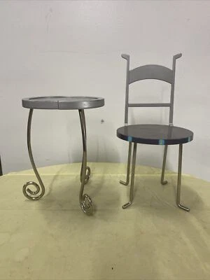 Battat Brand Doll Cafe' Table & Chair Mini Silver Plastic & Metal 14”X  14” - Image 1 of 4