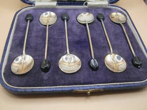 Birmingham 1930 Sterling Silver Cased Set Of 6 Coffee Bean Spoons Robert Pringle - Picture 1 of 3