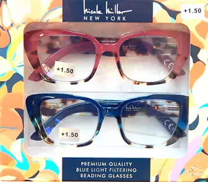 NICOLE MILLER 2-PK PREMIUM READING GLASSES READERS BLUE LIGHT FILTER +1.50 NEW - Picture 1 of 1