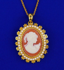 ANTiQUES ROADSHOW BBC PiNK CAMEO FAUX PEARL GOLD BROOCH 16" NECKLACE PENDANT SET