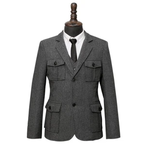 Retro Hunting Suit Woolen Men's Multi-pocket Coat Herringbone Casual Large Size - Picture 1 of 15