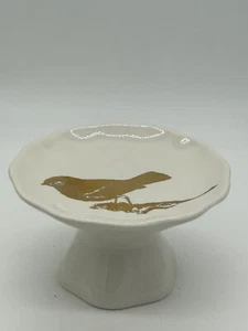 Creative Co-Op 6” Pedestal Cake/Dessert Plate w/ Gold Bird Accent - Picture 1 of 4