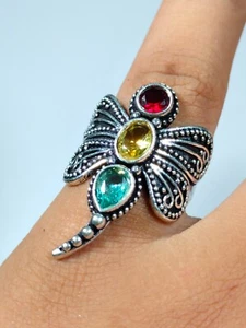 Handmade Butterfly Designer Silver Plated Oxidized Ring or Multi Gemstones Size7 - Picture 1 of 7