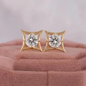 1.00 CT Round Cut EF VS/SI Lab Grown Diamond Prong Set Earrings 14k Yellow Gold - Picture 1 of 6