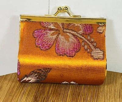 Vintage Asian Coin Change Purse with Kiss Lock Orange Silk Brocade Tiny, 3" Wide - Image 1 of 4