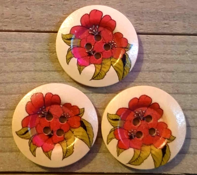 3 Red Flower Buttons Crafting Sewing Round Wood 4 Hole 1 1/8"  - Image 1 of 2
