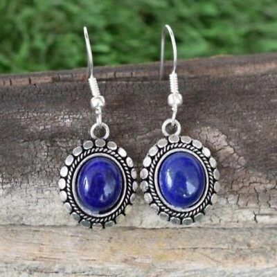 925 Argento Sterling Lapislazzuli Ovale Forma Gemma Orecchini - Regalo per Lei - Immagine 1 di 4