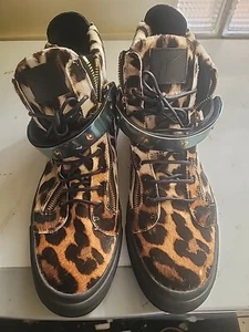 GIUSEPPE ZANOTTI BLACK/BROWN/ LEOPARD CALF HAIR HIGH TOP SNEAKERS US Sz 13- NEW - Picture 1 of 11