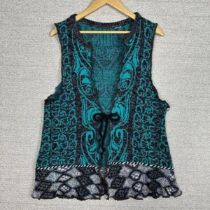 Vtg Boho Knit Vest Sz L Teal Black Art Deco Pattern Ruffle Hem Sweater Vest - Picture 1 of 9