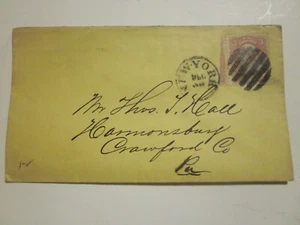 US 1866 COVER ADDRESSED NEW YORK TO THOS. HALL HAMMSBURG PA STAMP #65 - Picture 1 of 3