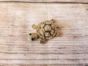 Miniature Gold Toned Turtle Clear Faceted Stones Shell Dark Red Eyes 2" - Picture 1 of 7