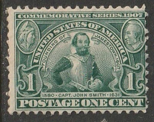 U.S. Sc. #328, Mint, 1907, 1-cent Jamestown Expo, Green, Perf 12 - Picture 1 of 2