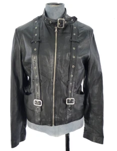 Giacca biker vera pelle imbracatura fibbia cinturino moto grunge aderente UK 10 - Foto 1 di 14